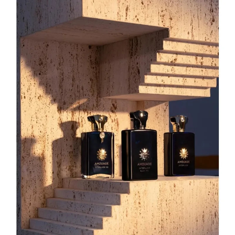 Amouage Interlude 53 EDP: masculine, woody, aromatic luxury perfume in signature rectangular glass bottles. 100ml.