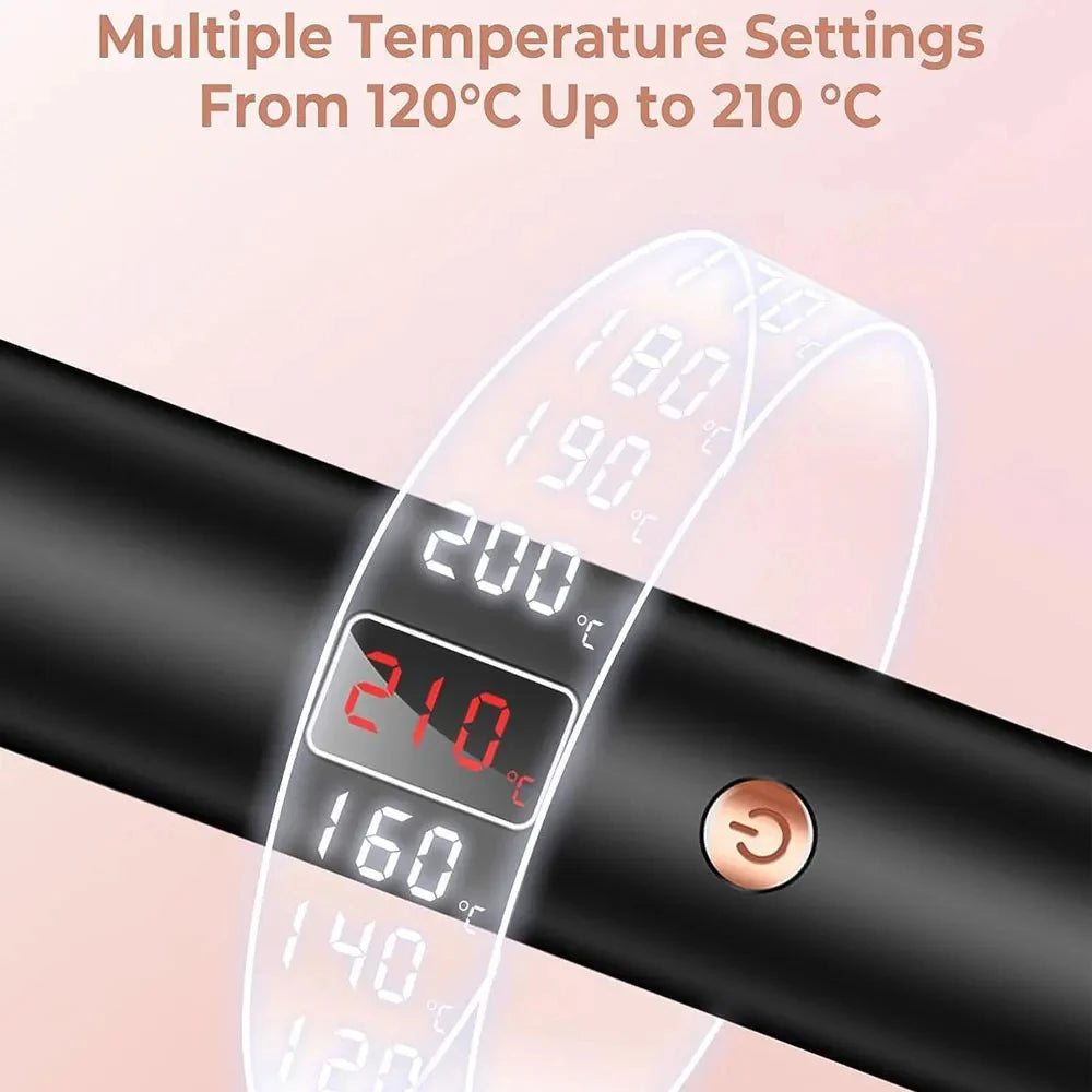 TINSOL 3-in-1 curling iron handle with digital temperature display showing heat settings from 120°C to 210°C.