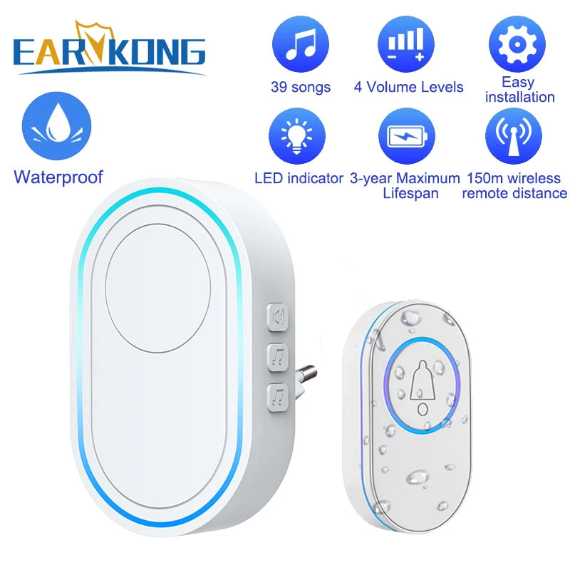 Waterproof Wireless Doorbell Home Welcome Smart Home Door bell 300m Remote Smart Bell Chime EU UK US Plug Optional