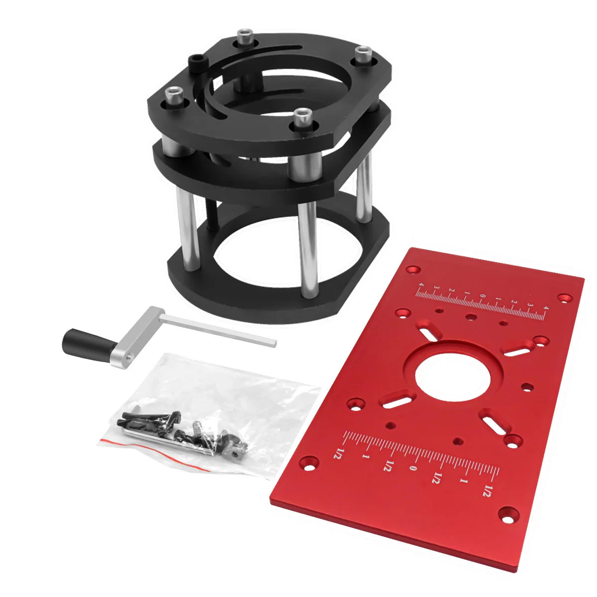 Aluminum router lift base with black fixed ring, red insert plate, height tools and screws