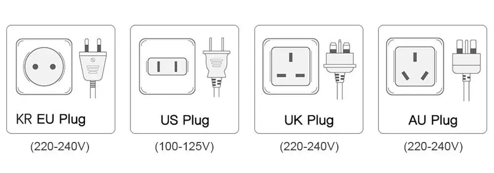 Available power plug adapters for 1800W 5-in-1 professional hair dryer: US, UK, EU, and AU plug options shown.
