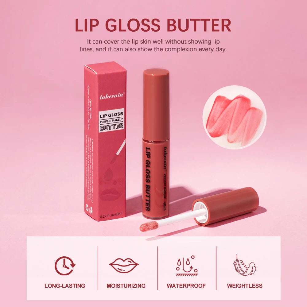Lakerain non-stick butter lip gloss in pink tube with mirror-finish, moisturizing texture, and long-lasting lip glaze.