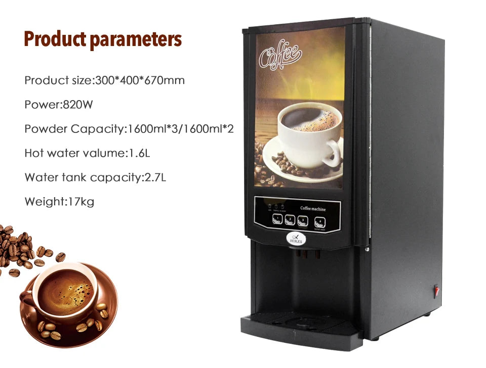 Xeoleo commercial black coffee vending machine with 2.7L water tank and multi-flavor powder canisters.
