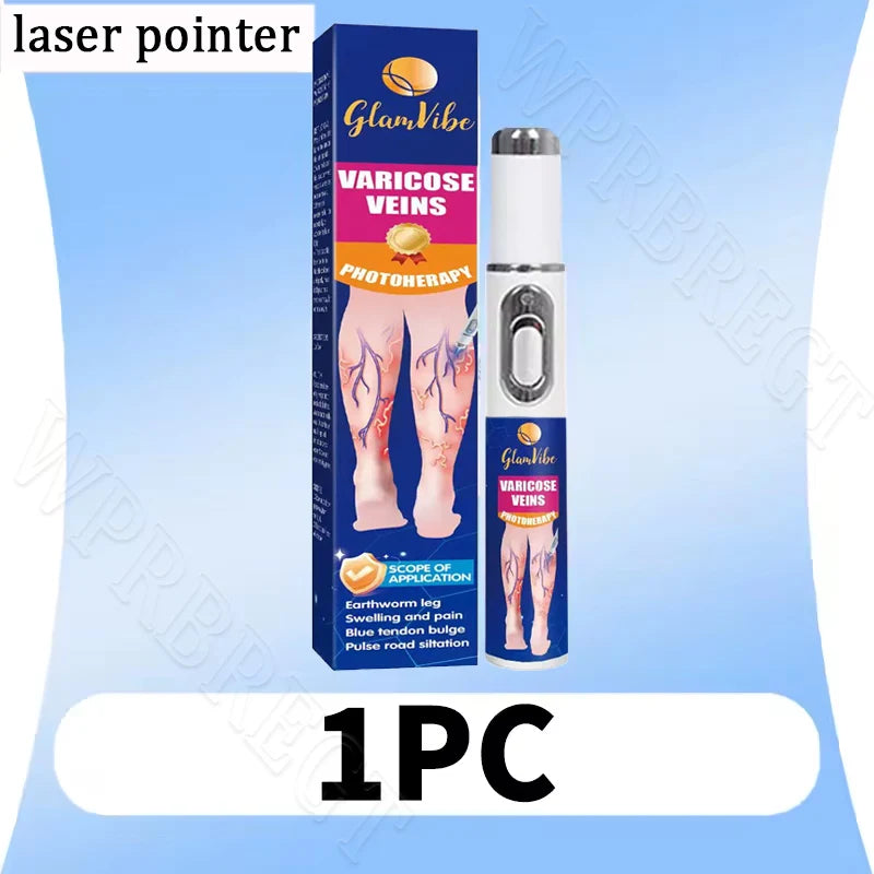 White handheld phototherapy laser pen for treating varicose veins, packaged with a blue box.