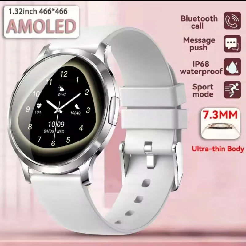 Women’s ultra-thin AMOLED smart watch, light gray silicone strap, round black display