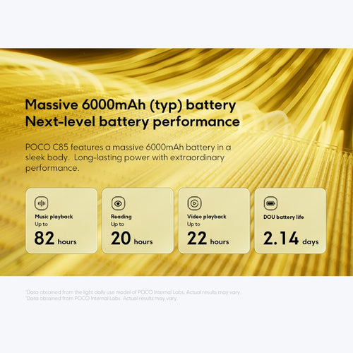 POCO C85 smartphone 6000mAh battery specs infographic. Long-lasting battery life performance chart, gold abstract background.