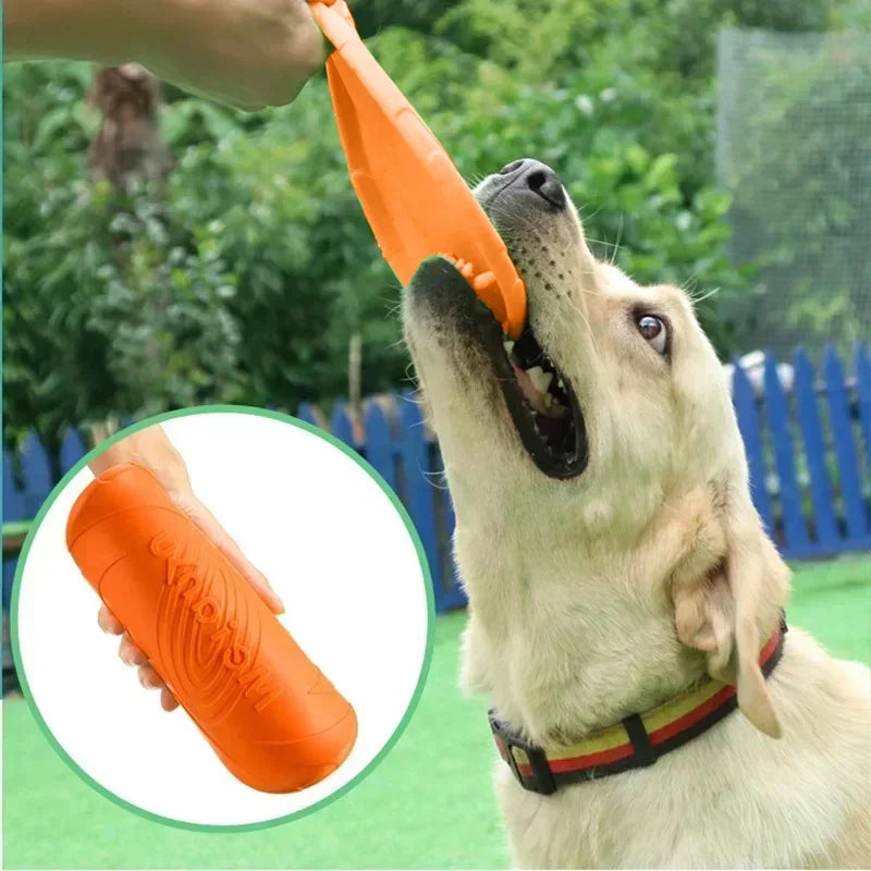 Dog playing with 22cm orange chew-resistant silicone frisbee for outdoor interactive training and exercise.