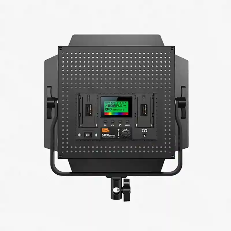 K800 LED video panel light in black with a perforated metal frame, digital control display, and adjustable yoke mount.