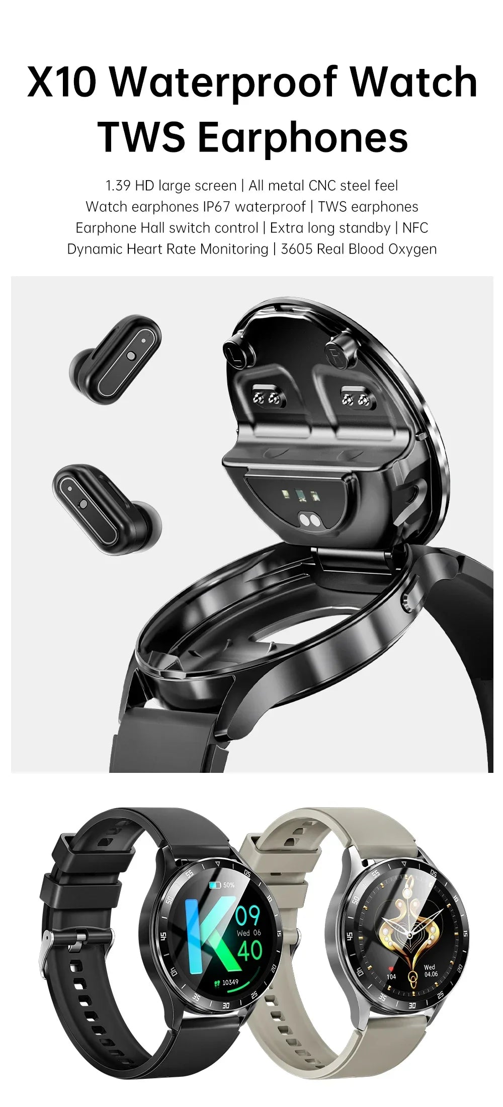 New X10 Headset Smart Watch TWS 2 in 1 Wireless Bluetooth Earphone Blood Pressure Heart Rate Testing Sport Music Smartwatch
