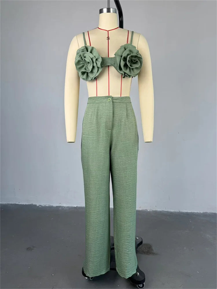 Weird Puss Vacation Beach Style 2 Piece Set Women Ruched Flower Bra Tops+Button Waist Straight Pants Fashion Sexy Trend Outfits