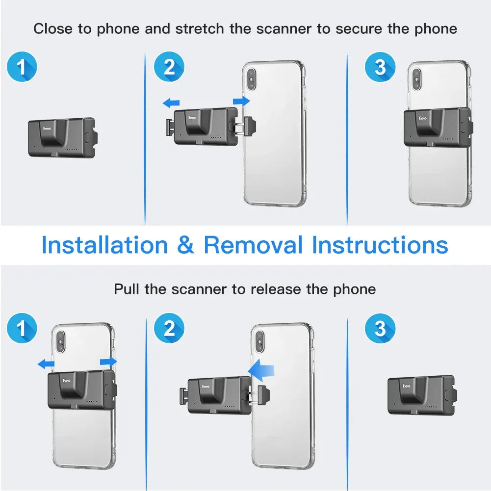 Clip-on 2D barcode scanner mounting steps showing phone clamp and secure stretch