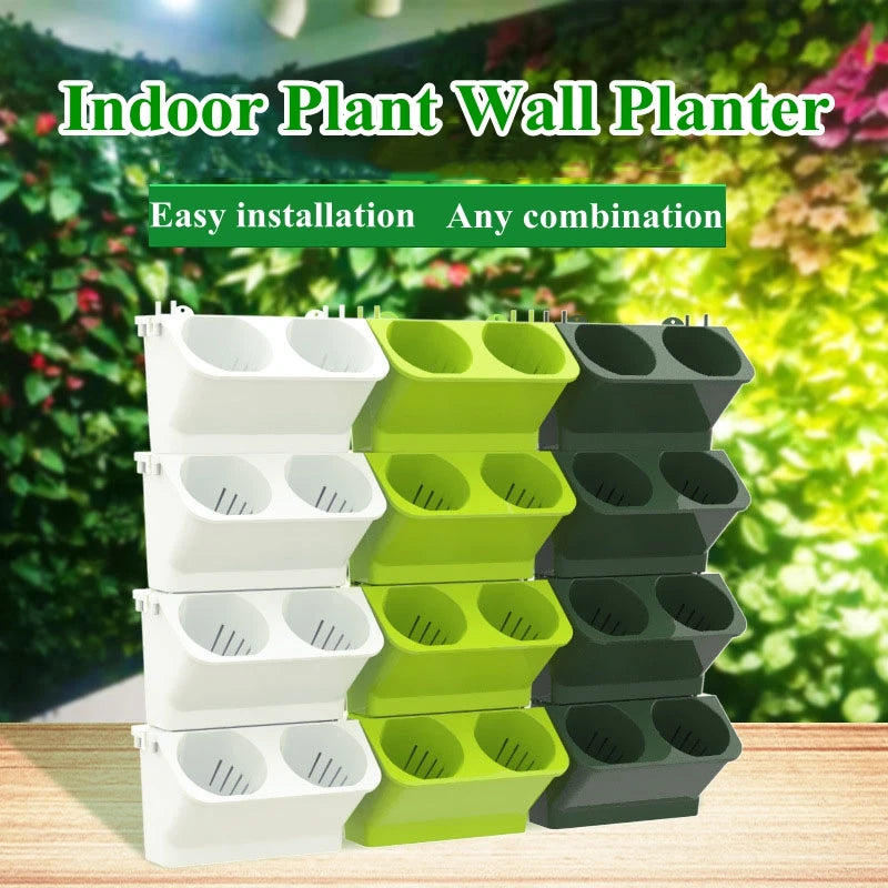 Indoor plant wall planter set with stacked modules in white, light green, and dark green