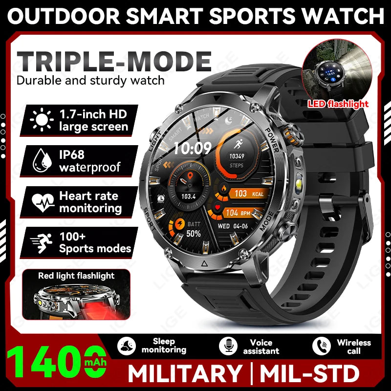 LIGE TANK Ultra Military Smart Watch 1400mAh Battery 10ATM Waterproof Heart Rate LED Flashlight Sports Bracelet Men Smartwatch