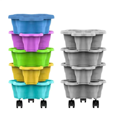 Stackable tiered planter tower with wheels, colorful and gray set