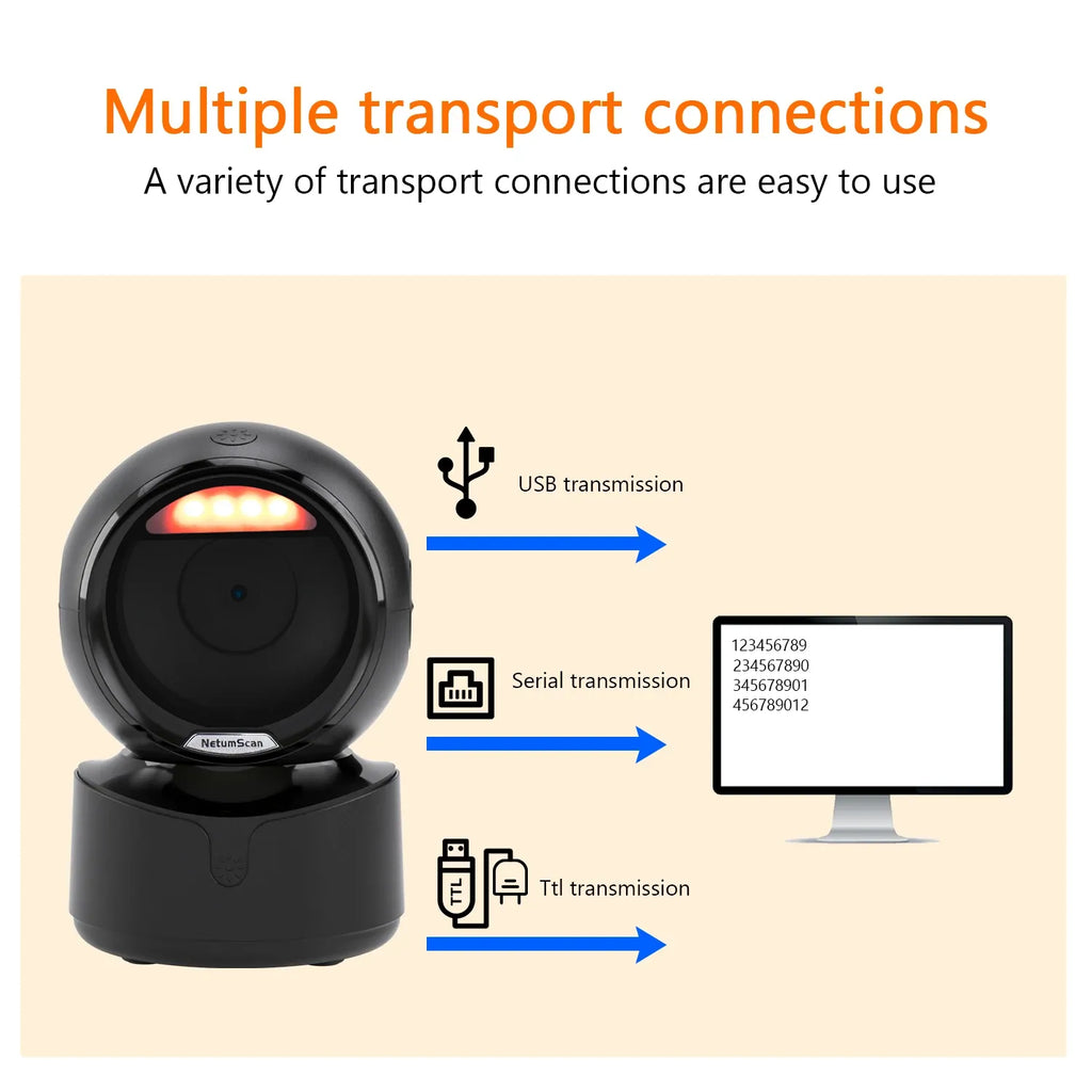 Black desktop omnidirectional barcode scanner with charging base and LED scan light window