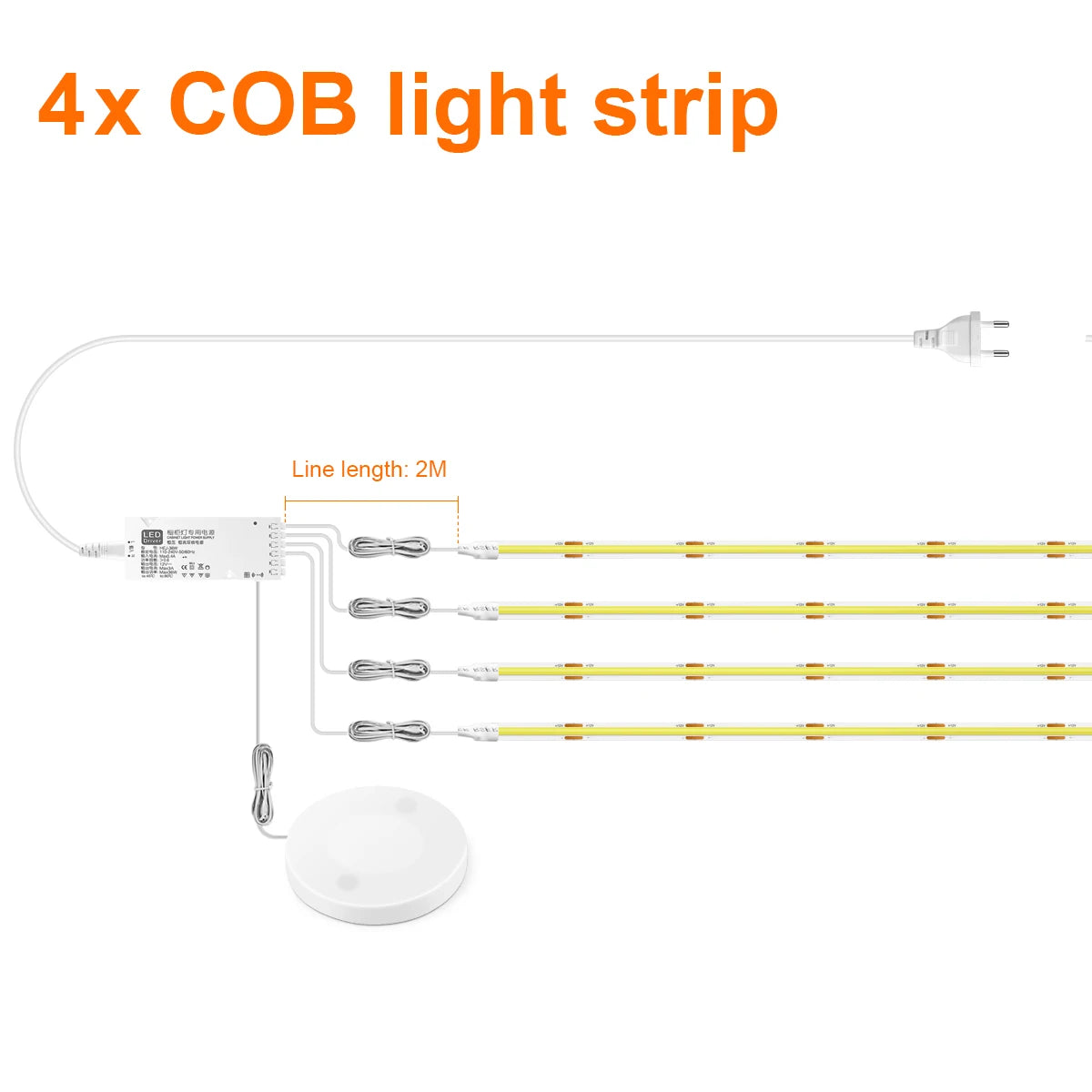 COB LED strip kit with 4 strips, touch sensor puck and power plug, 2m length.