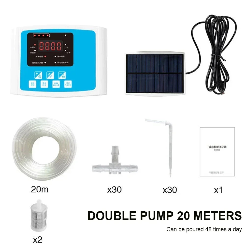 Solar Auto Drip Irrigation Kit Dual Water Pump Smart Watering Controller Outdoor Automatic Irrigation System for Yard Balcony Potted Plants & Home Flower Cultivation