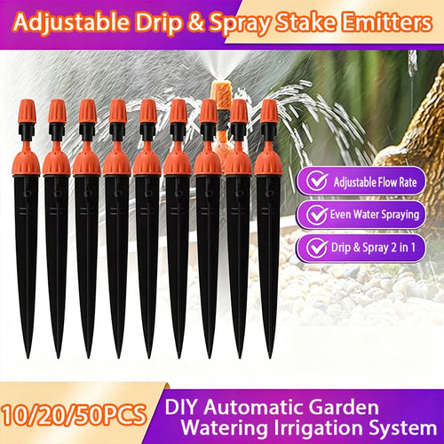 Drip and spray stake emitter set, orange tops and black stakes, for garden irrigation