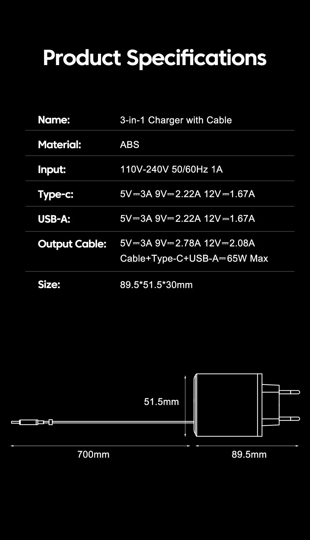 65W USB C Fast Charger with Retractable Cable - Tidesmit Tidesmit