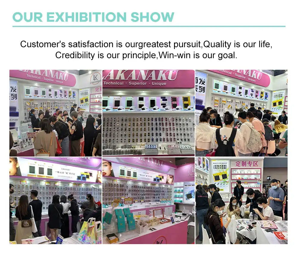 A trade show booth display for Lakanaku eyelash extension products featuring various kits and professional supplies.