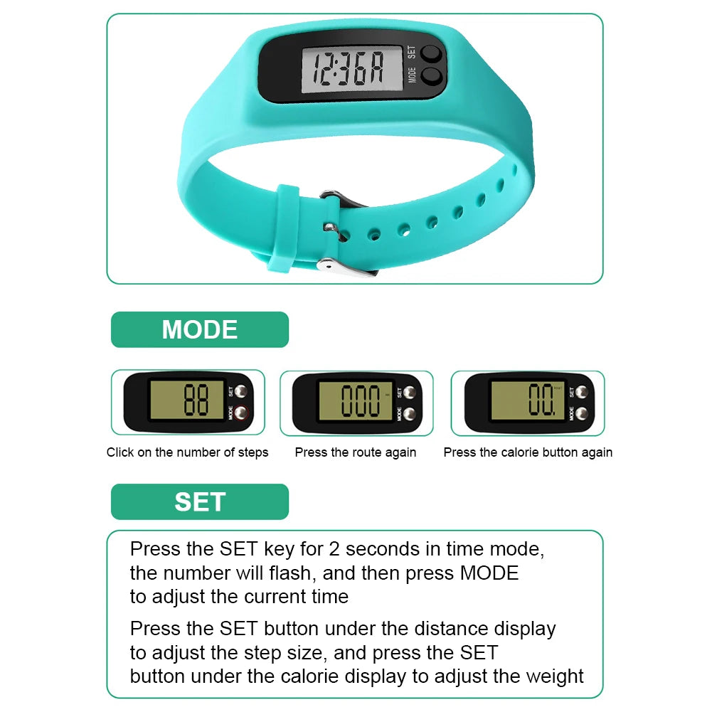 LED Pedometer Bracelet Step Counter Watch 12/24H Time Display Silicone Step Tracker Multi-Function Fitness Watch for Adults kids