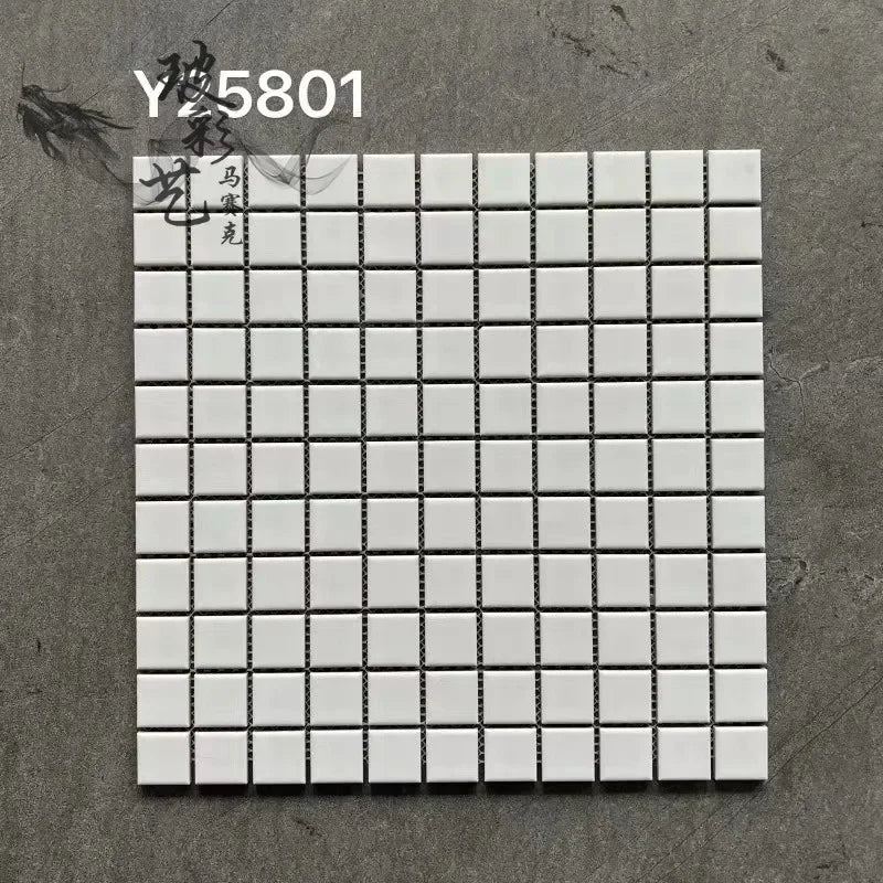 Ceramic mosaic wall tiles sheet with matte bright white squares and dark grout lines