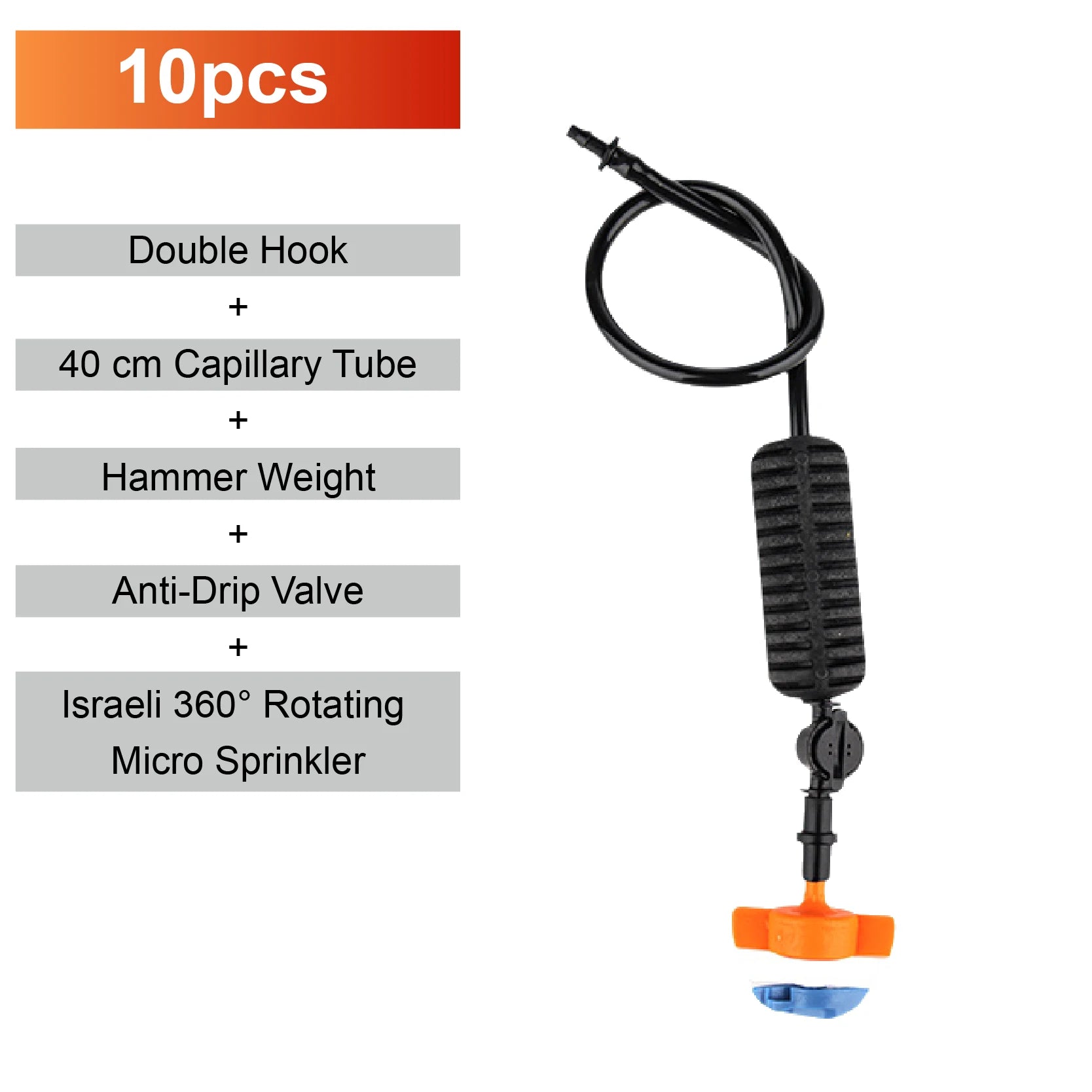 Hanging rotating micro sprinkler with black tube, double hook, and orange deflector basin