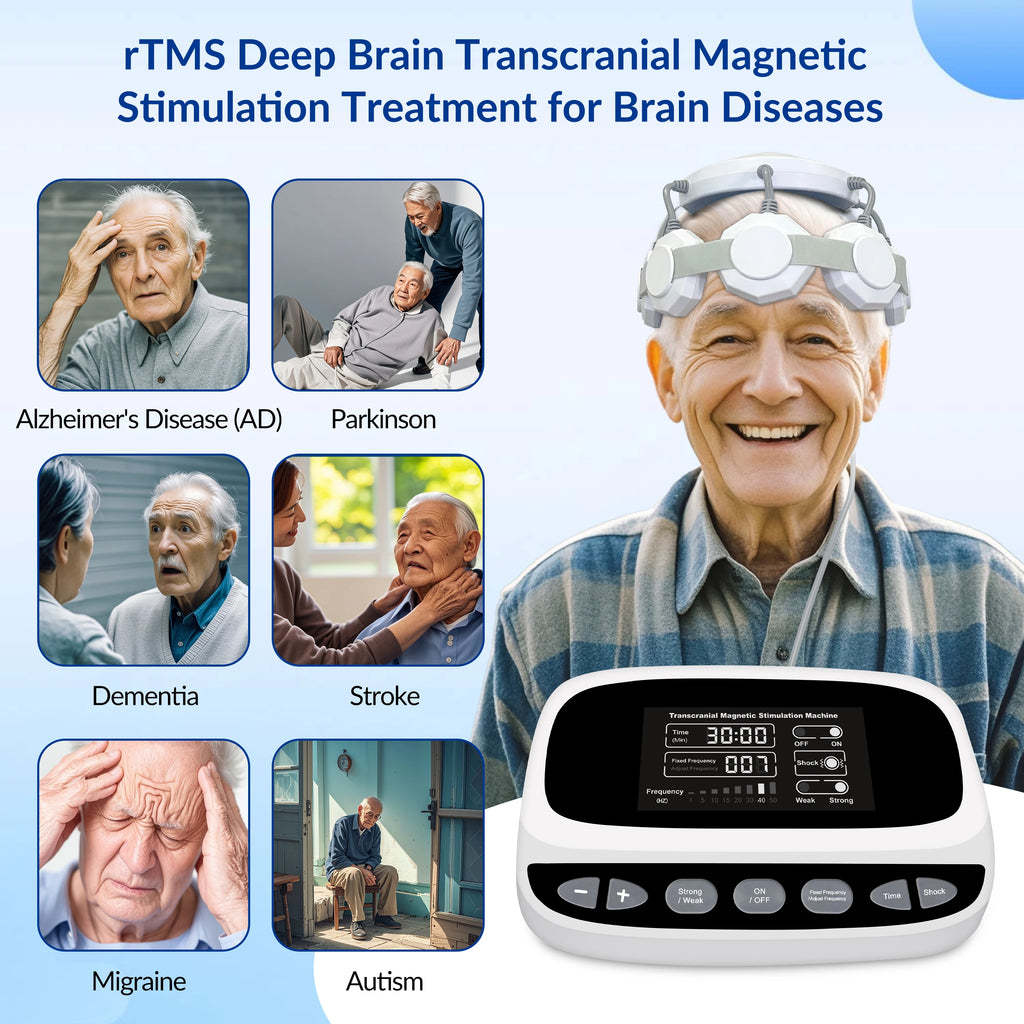 Frovab rTMS brain stimulation machine with white headset and digital control panel for home and clinical therapy.