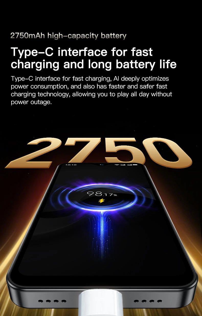 SOYES F9 Max mini smartphone with 2750mAh battery, Type-C fast charging, and 4.3-inch display view.