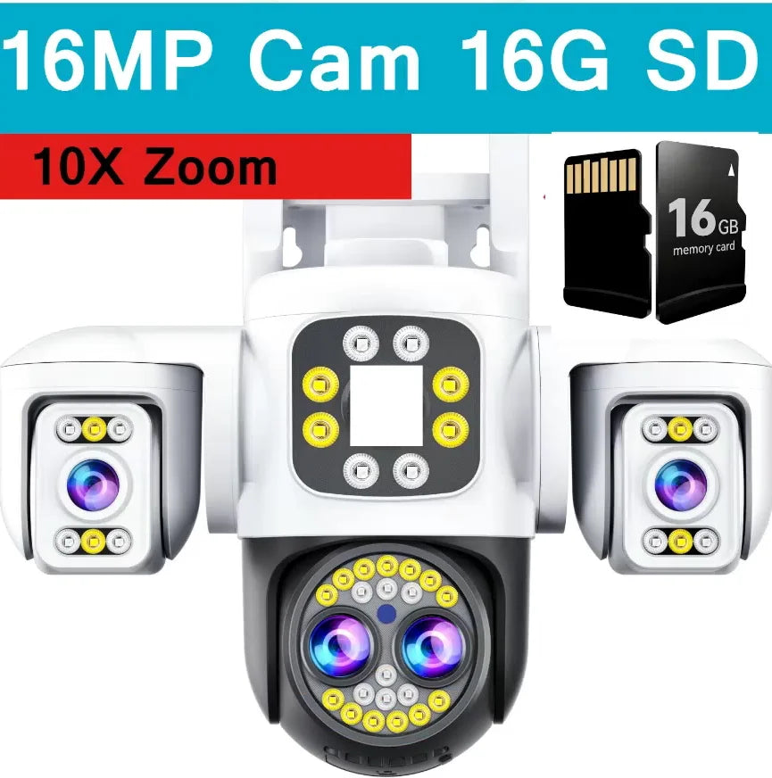 Outdoor PTZ security camera, quad lenses, 16GB microSD, 10x zoom