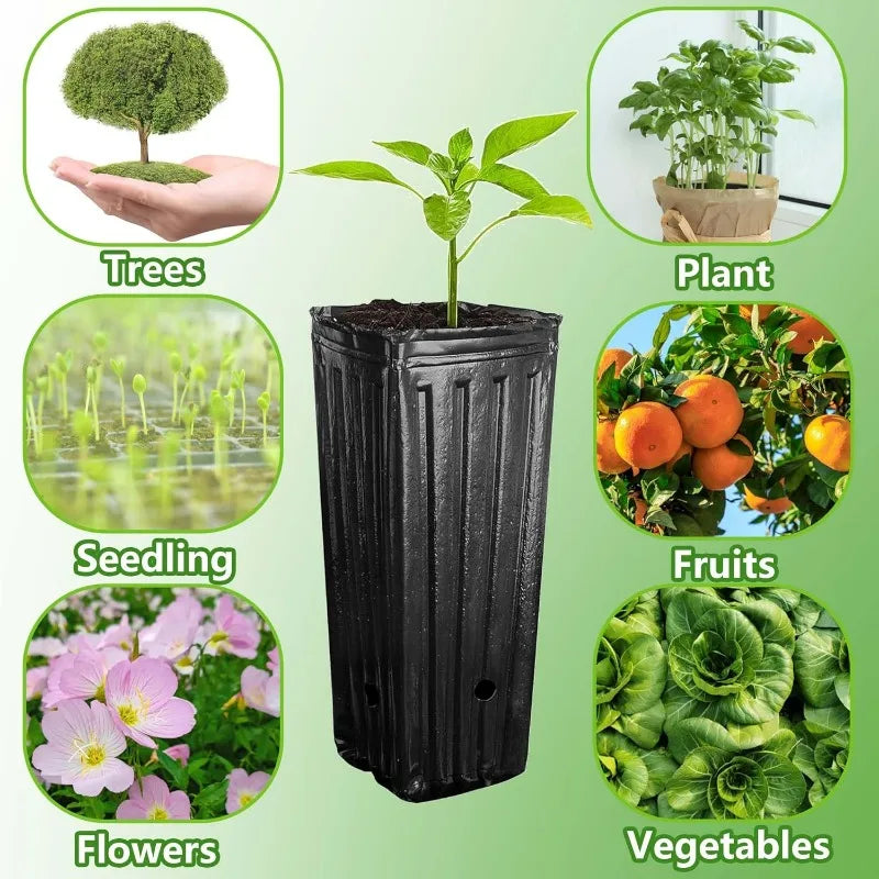 Single tall black ribbed plastic deep nursery pot with drainage hole on side