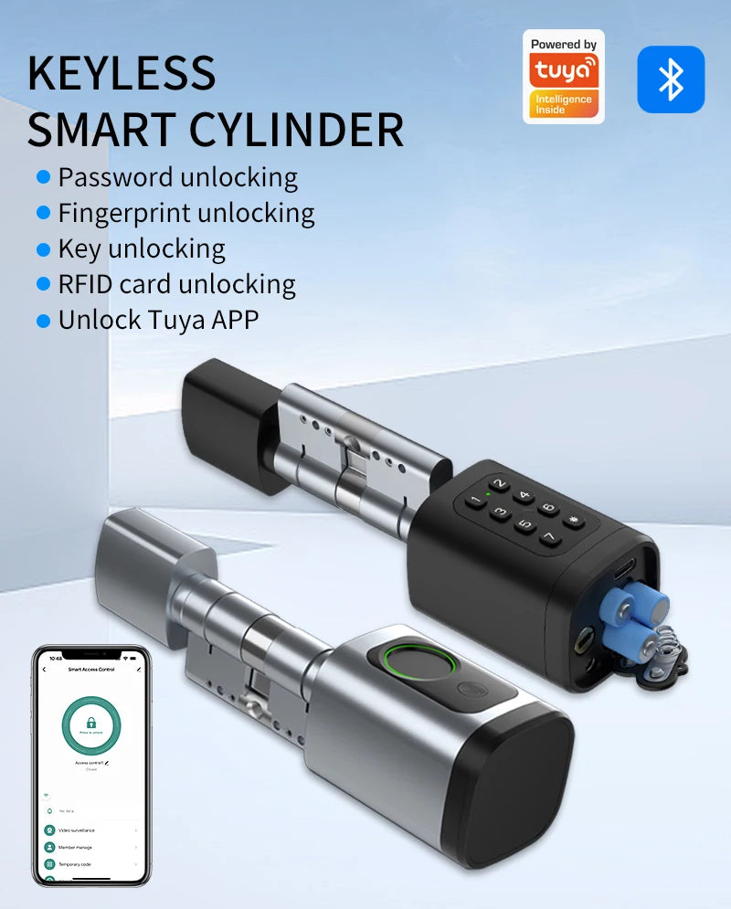 Support Tuya App Intelligent Plug-in Lock IP65 Biometric Fingerprint App Control Cylindrical Bolt Alex/Google Home/Office Door