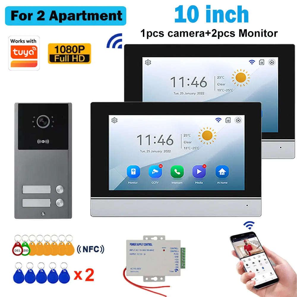Video intercom system with 10-inch touch monitor, one door panel, NFC access