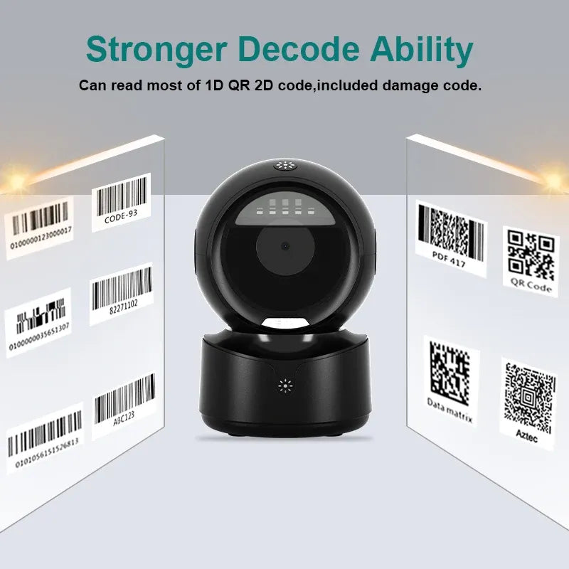 Black omnidirectional 2D QR barcode scanner with scanning window and base stand