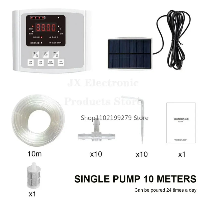 Solar Auto Drip Irrigation Kit Dual Water Pump Smart Watering Controller Outdoor Automatic Irrigation System for Yard Balcony Potted Plants & Home Flower Cultivation