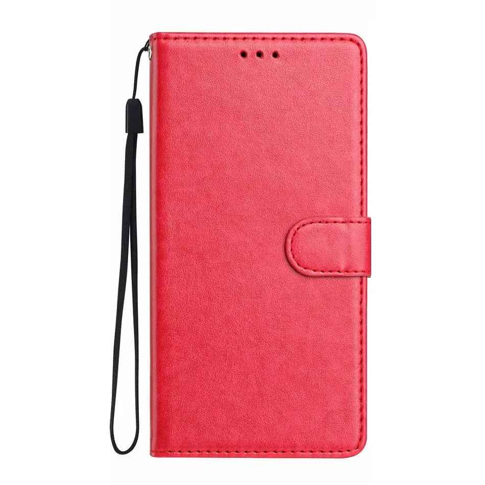 Red synthetic leather wallet phone case with a magnetic strap and a detachable black wrist lanyard.