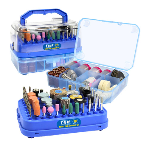 Mini rotary tool accessory kit in blue clear case, with mixed bits and sanding discs