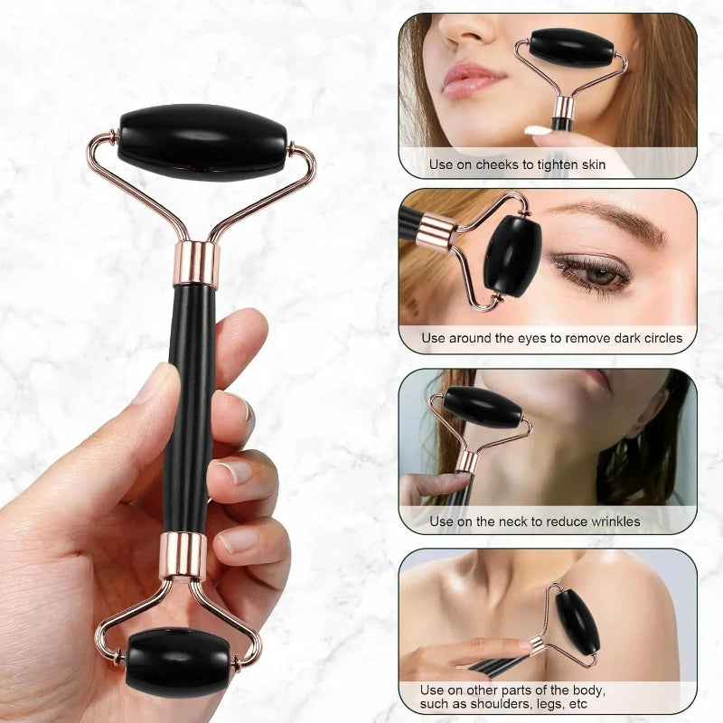 Black dual-ended face roller with rose gold frame being used on face and body to massage skin.