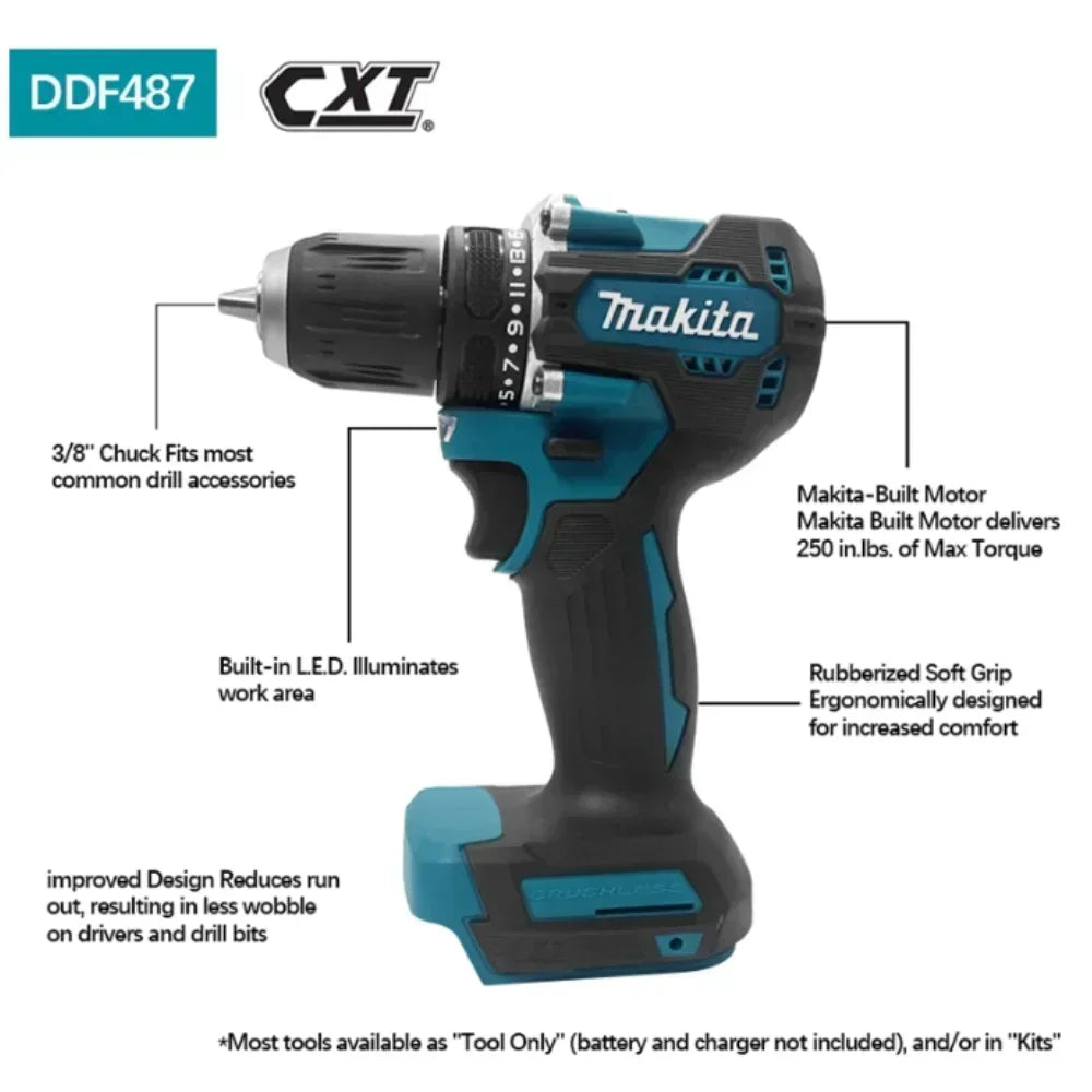 Makita Original. DDF487 Cordless Driver Drill Brushless Electric Impact Screwdriver Rechargeable Power Tool 18V