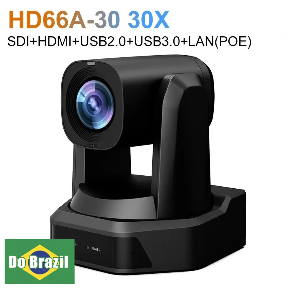 Black PTZ conference video camera with 30x zoom lens and base mount