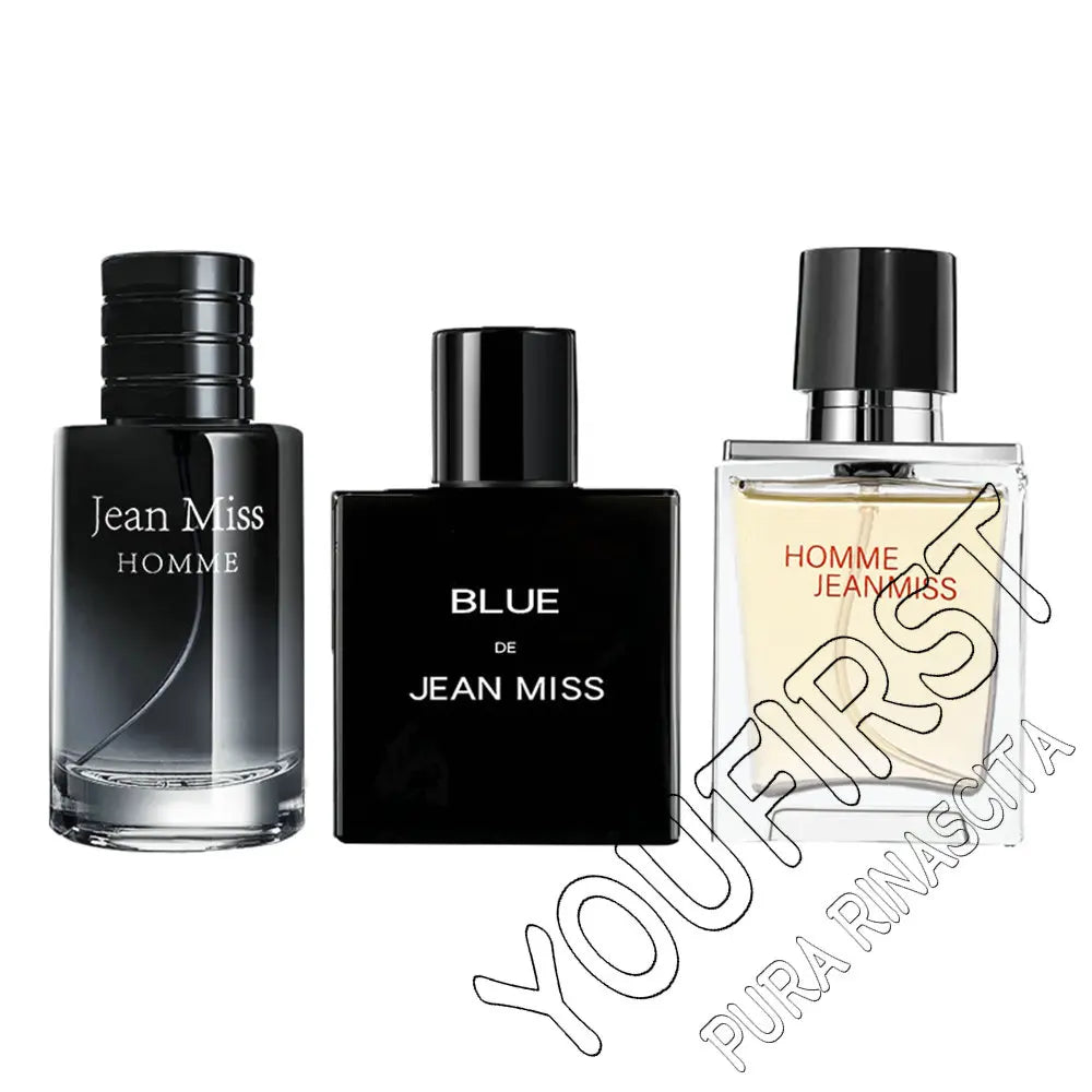 Jean Miss 3-piece men's cologne gift set: black and clear glass bottles featuring Homme and Blue EDT scents for men.