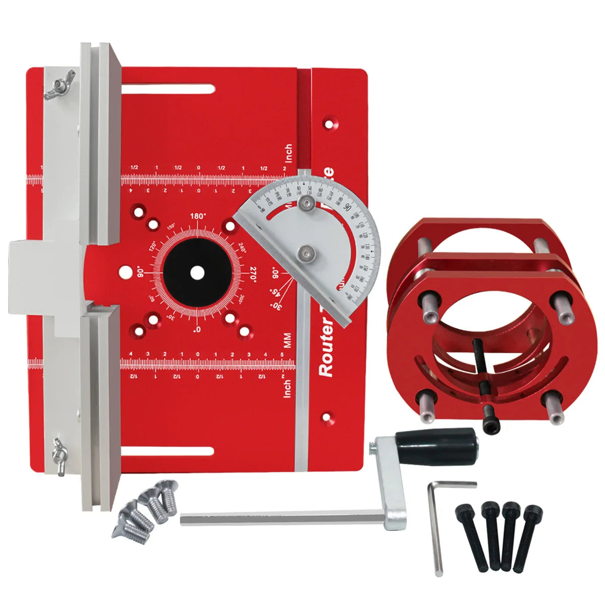 Red router table insert plate set with mounting ring, bolts, and lift hardware