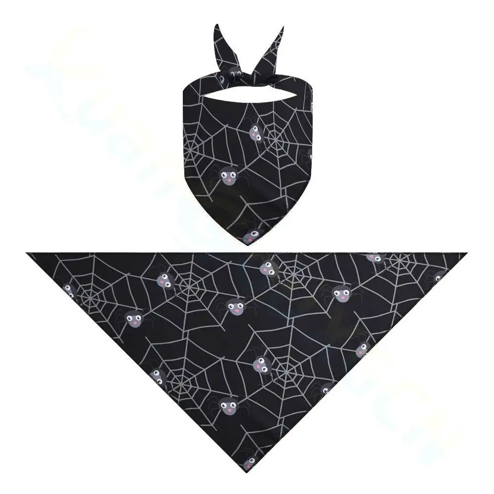 Black Halloween dog and cat bandana with white spider web print for spooky pet costume dressing up.