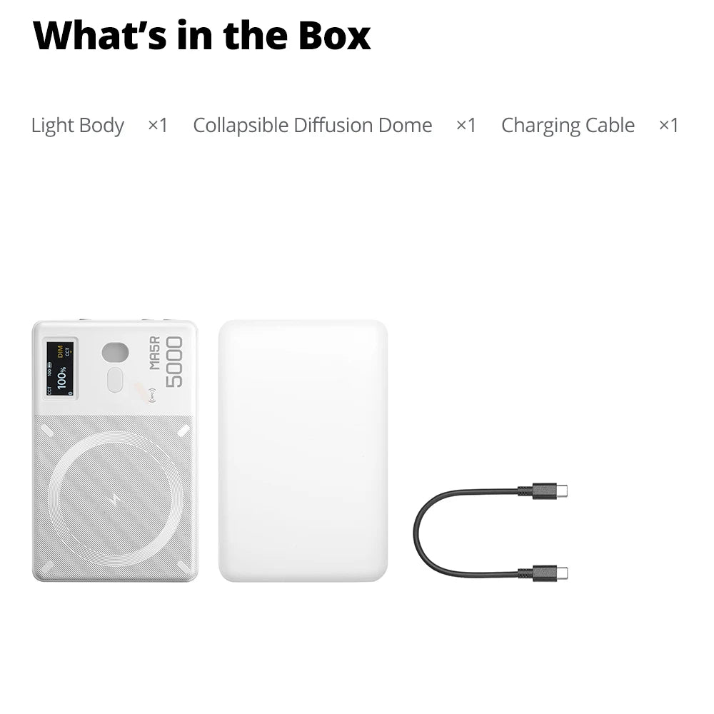 Portable light body, white collapsible diffusion dome, and USB-C charging cable for photography lighting.