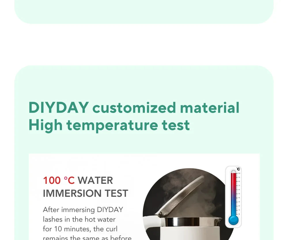Infographic showing DIYDAY eyelash extensions undergoing a 100°C water immersion test to prove curl retention.