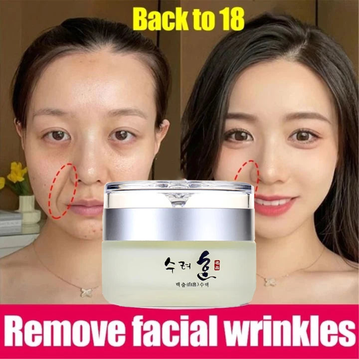 A jar of anti-aging face cream shown over a before-and-after comparison of a woman's face with text overlays.