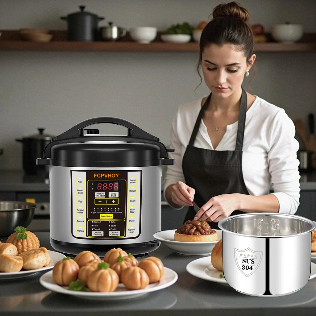 Electric pressure cooker with digital panel and stainless inner pot on countertop