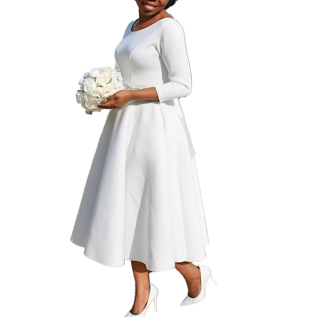 Elegant Pure Color Maxi Dress Evening Gown A- Line Skirt Polyester Fabric round Neck Short Sleeve High Waist Midi Dress