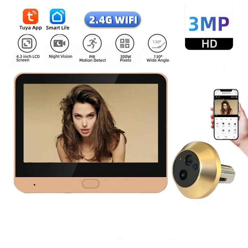 3MP HD WiFi peephole camera set with screen monitor and gold round outdoor module