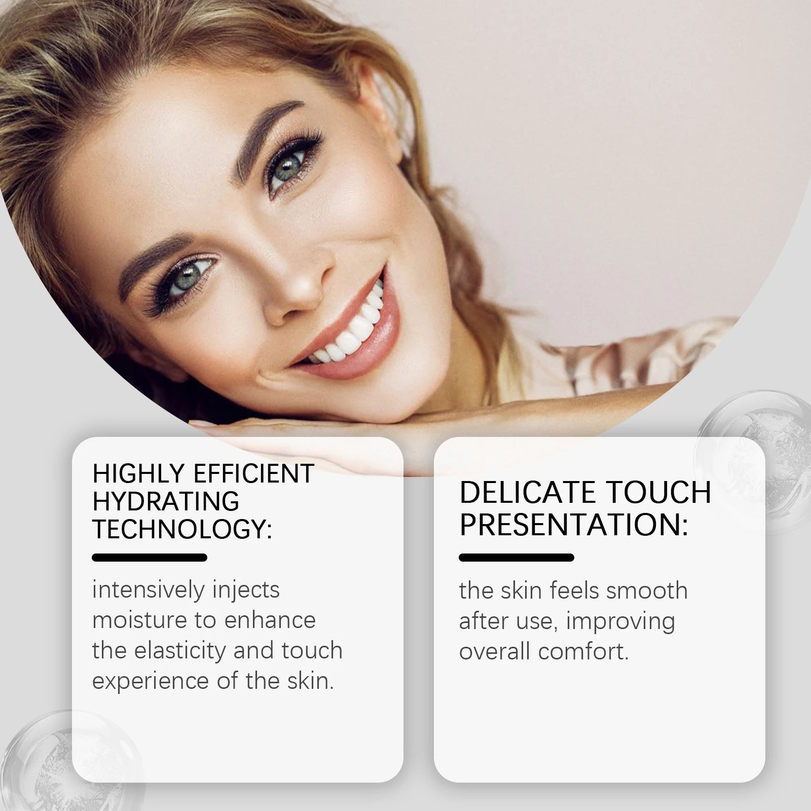 Smiling woman with clear, radiant skin showcasing text about Hyaluronic Acid anti-wrinkle essence benefits.